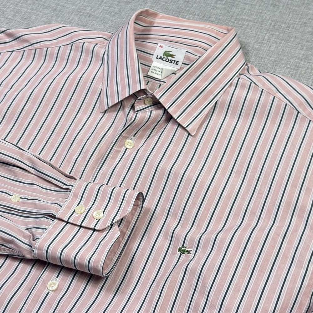Lacoste Dress Shirt Mens 46 Pink Striped Point Collar Long Sleeve 100% Cotton